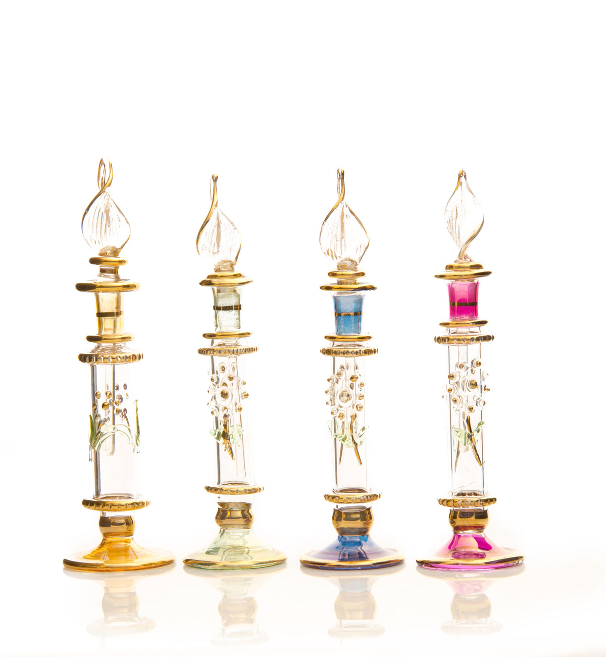 Amira slim engraved hand-blown Egyptian glass perfume bottle with gold rings and ground-glass stopper, Model 10, made in Cairo