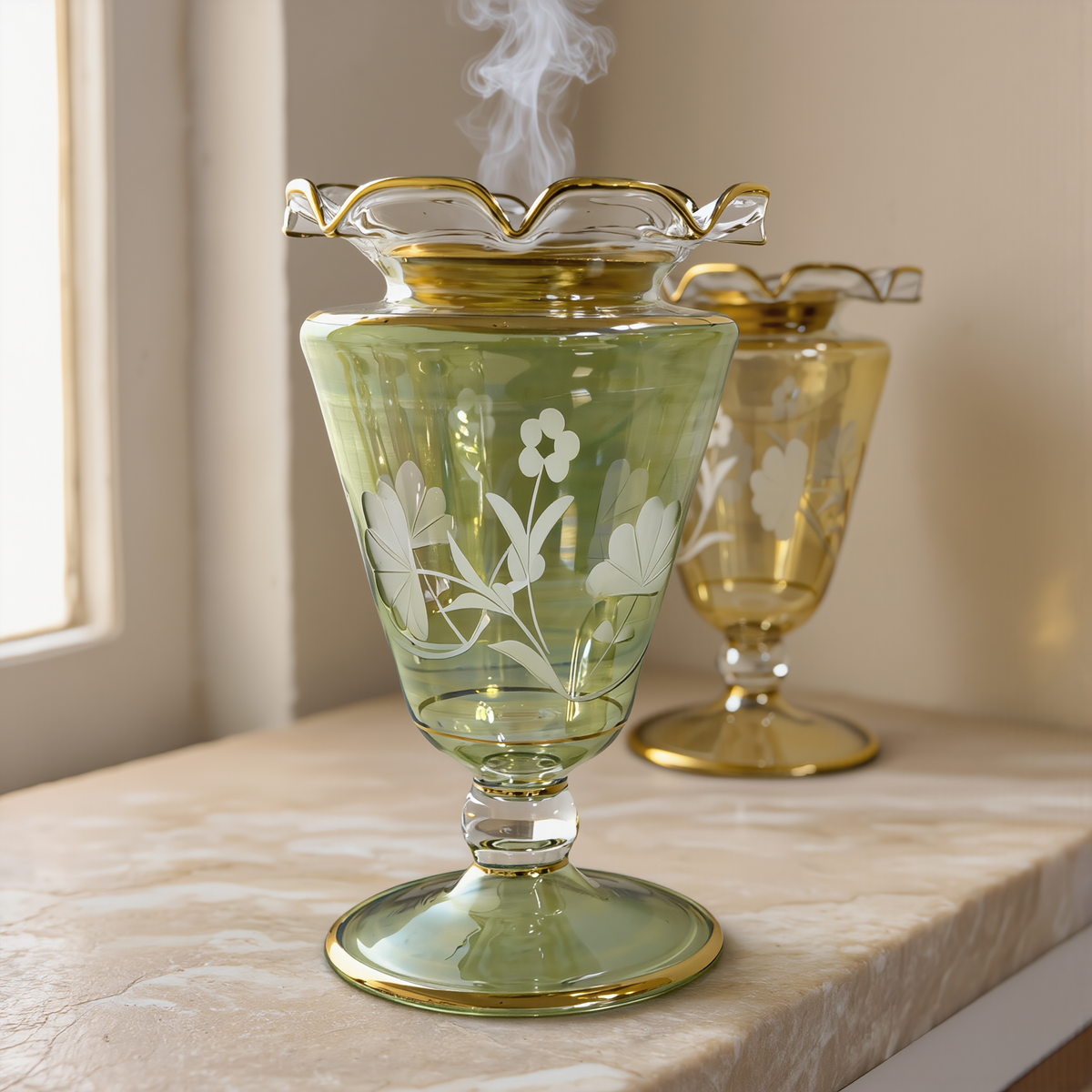 Taj blossom glass mabkhara, Model 123 — side view with gold bands, wholesale from Cairo