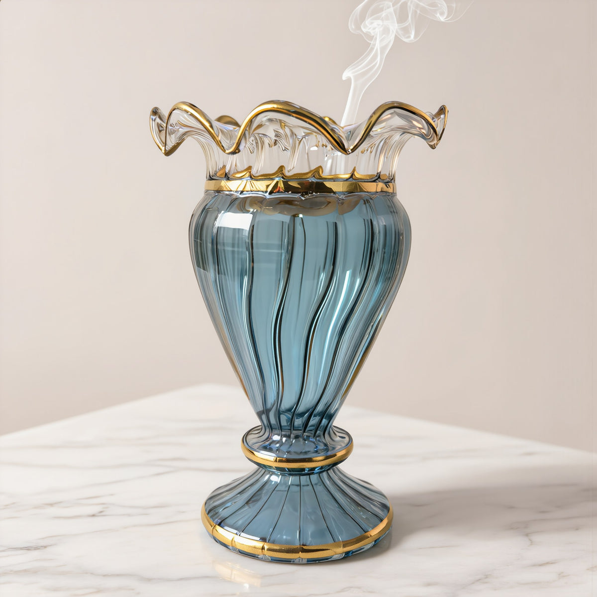 Lahab hand-blown Egyptian glass mabkhara in blue, ribbed flame cup with ruffled gold rim, Model 143, 18 cm