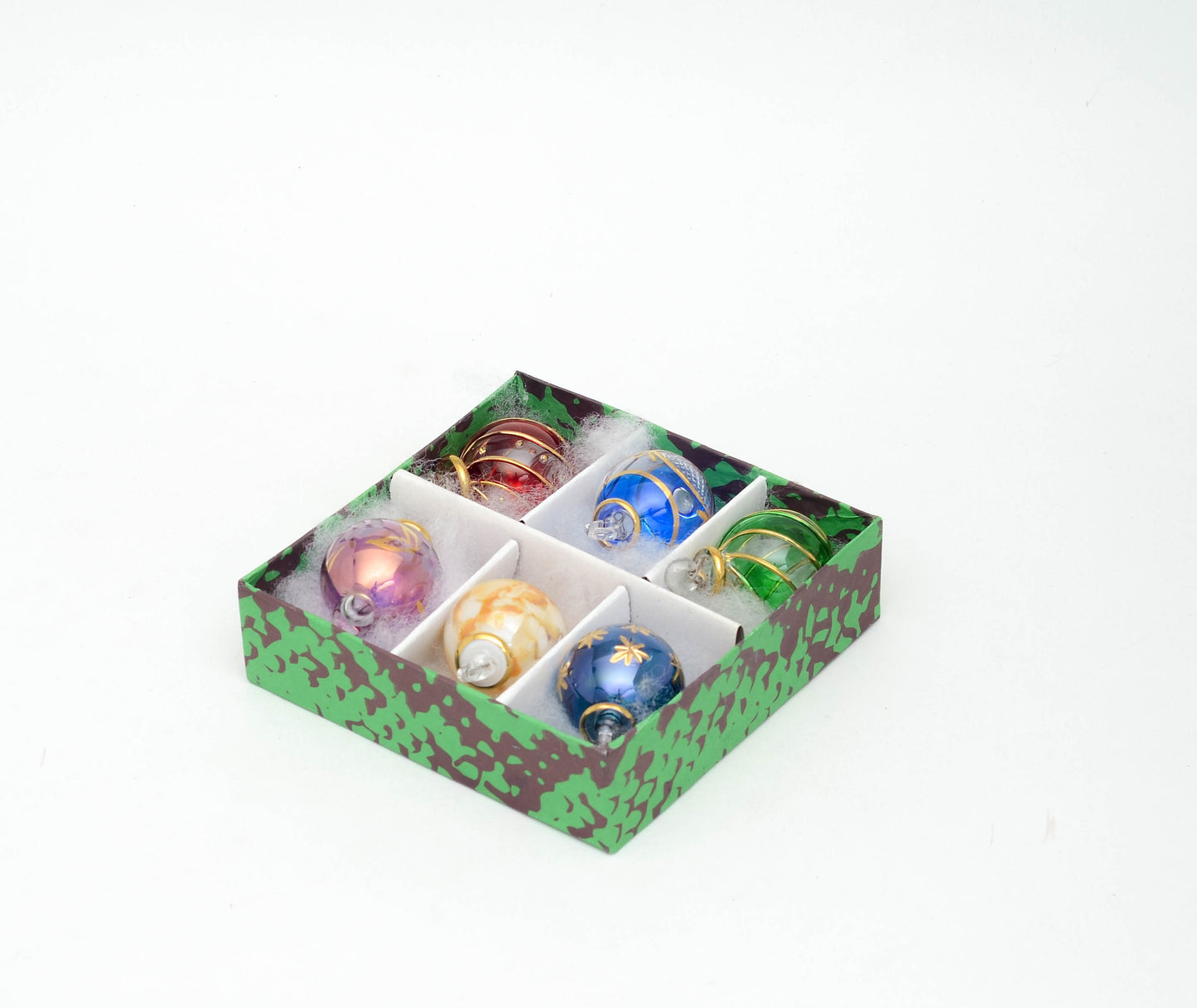 Gift box of six mini hand-blown Egyptian glass Christmas ornaments, Model 122 — retail-ready wholesale from Cairo