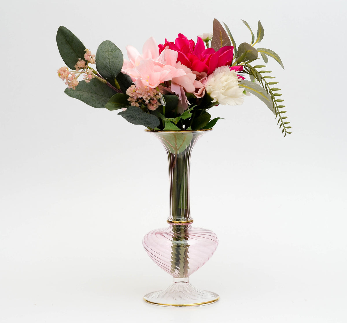 Qawam ribbed hourglass glass vase on round foot with flowers, model 193