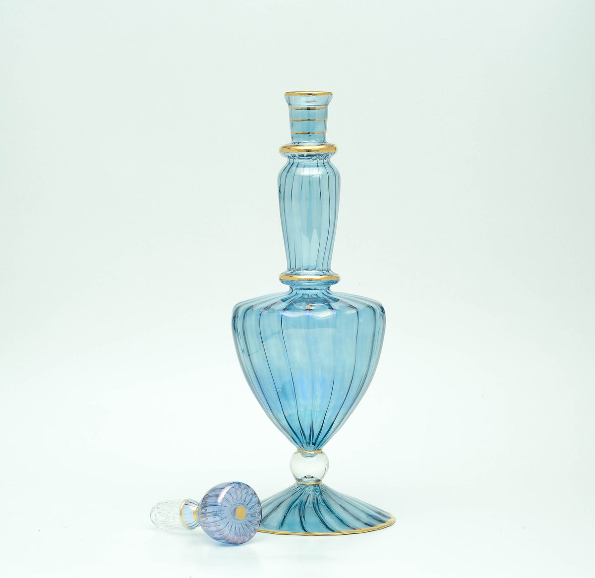 Nil blue ribbed glass decanter with flower stopper, hand-blown in Egypt