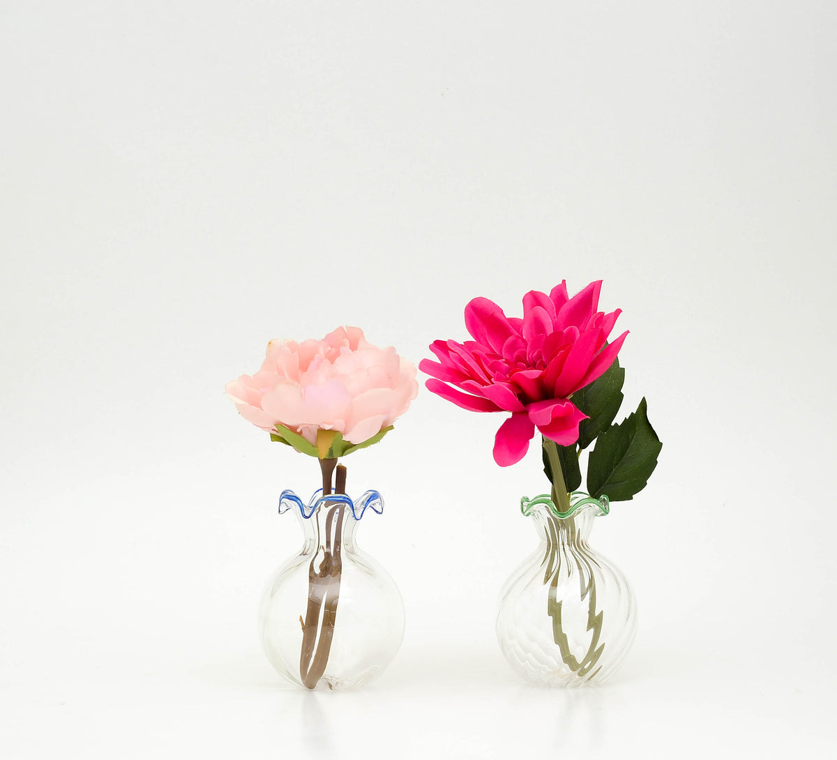 Burum mini glass bud vases with coloured ruffled rims and fresh flowers