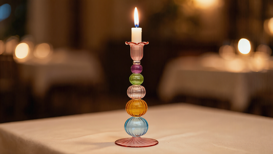 Tayf hand-blown Egyptian glass candlestick holder with five coloured ribbed spheres, 25 cm