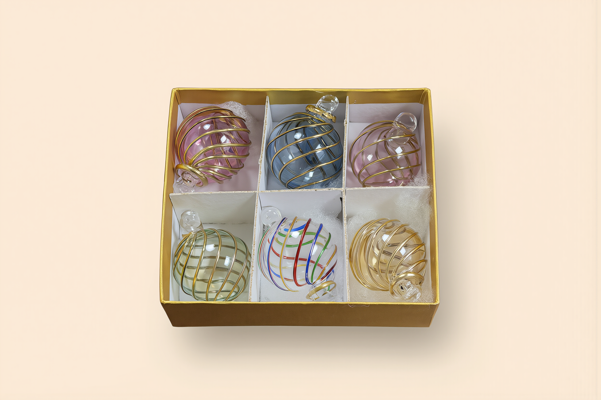 Egyptian glass Christmas ornaments in a gold gift box