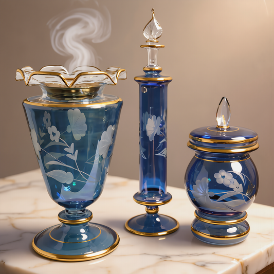 Rose etched glass bakhoor set with 24K gold