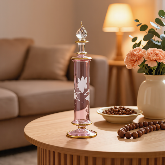 Tall rose pink Egyptian glass perfume bottle on a wooden table beside peach roses