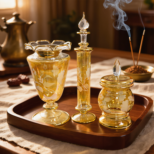 Gold-decorated Egyptian glass mabkhara, lidded bakhoor jar and bottle set on a tray, incense burning