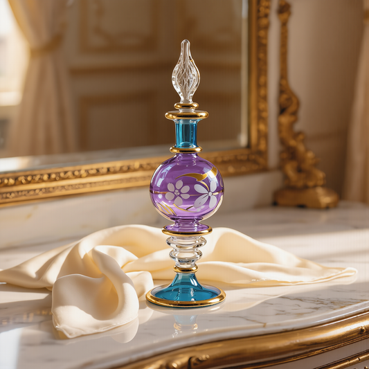 Egyptian glass perfume bottle in lilac and blue with gold work beside a gilt mirror