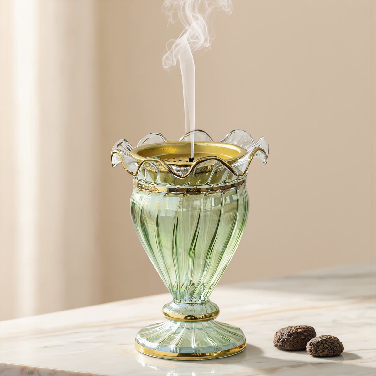 Lahab flame-shaped glass mabkhara with ruffled 24K gold rim, Model 143 — bakhoor burning on charcoal