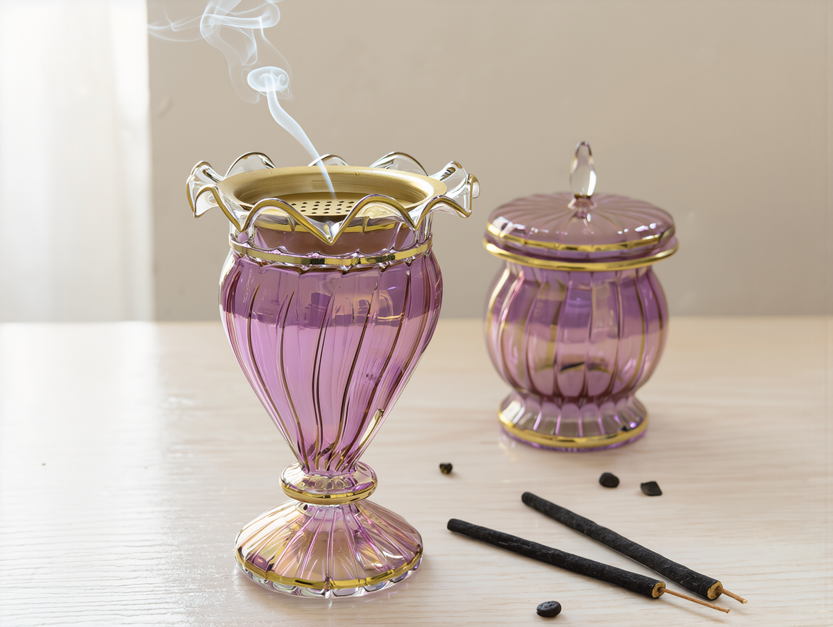 Lahab glass mabkhara, Model 143 — in use with oud chips on charcoal