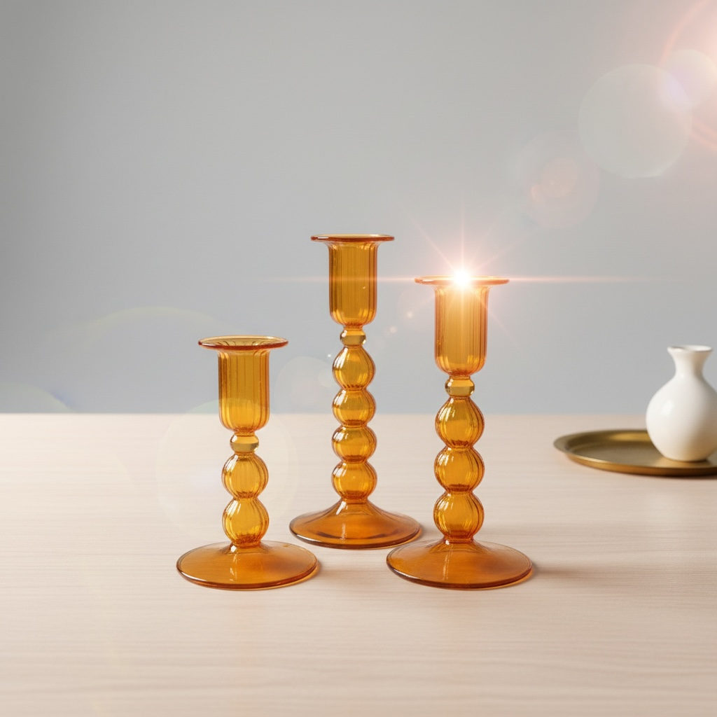 Hand-blown Egyptian glass candle holders and votives with brass trays, wholesale from Cairo