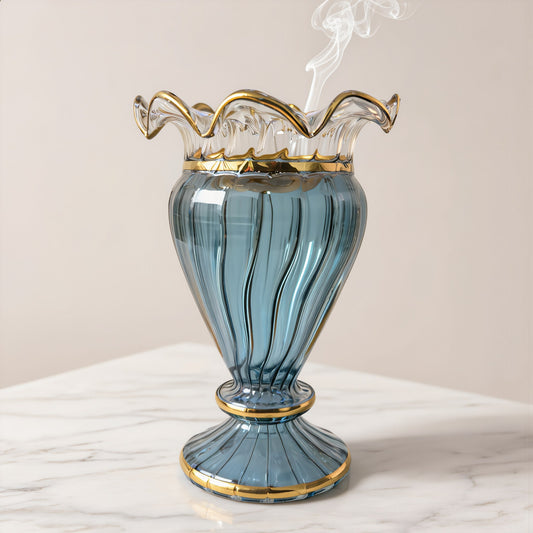 Lahab hand-blown Egyptian glass mabkhara in blue, ribbed flame cup with ruffled gold rim, Model 143, 18 cm