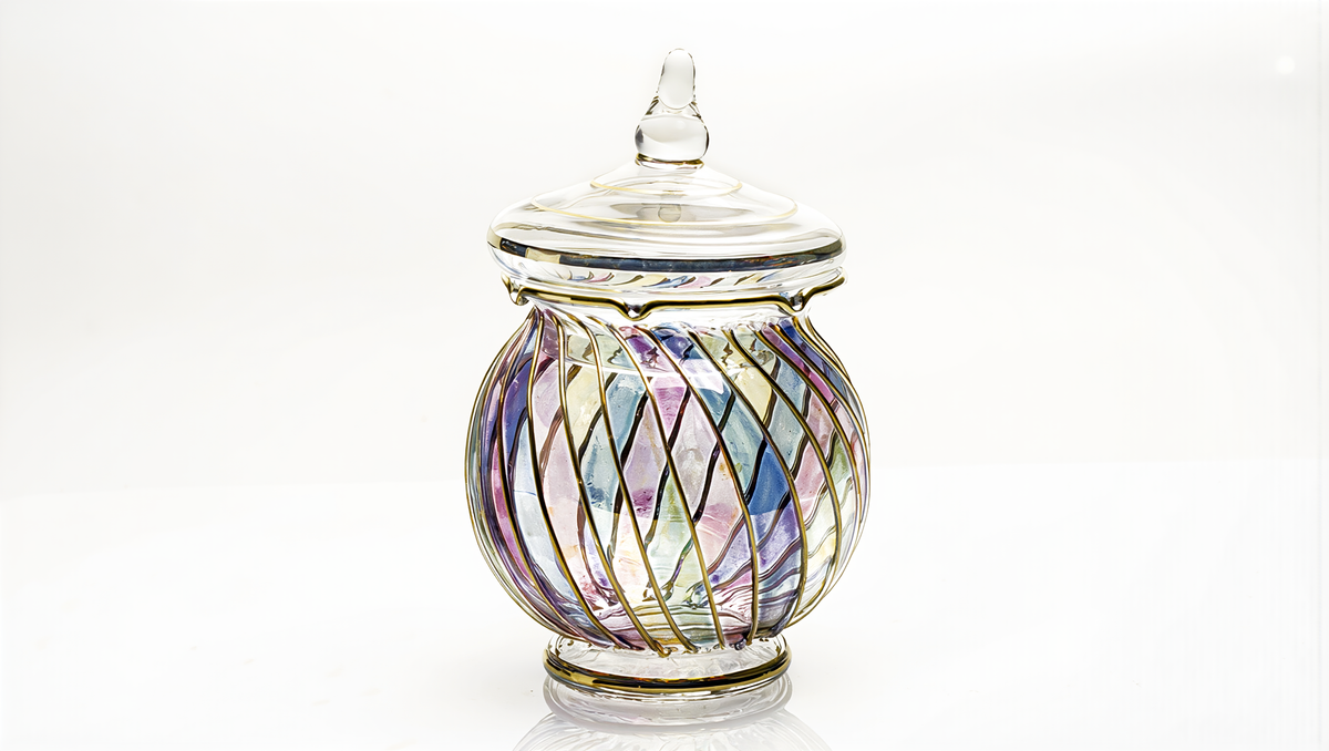 Egyptian Glass Bakhoor & Candy Jar — Tayf · Multicolour Swirl with Gold Lines, Lidded (Model 212)