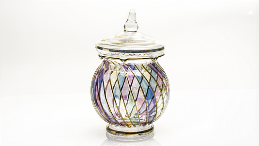 Egyptian Glass Bakhoor & Candy Jar — Nawwar · Etched Blossom with Ruffled Gold Rim, Lidded (Model 213)