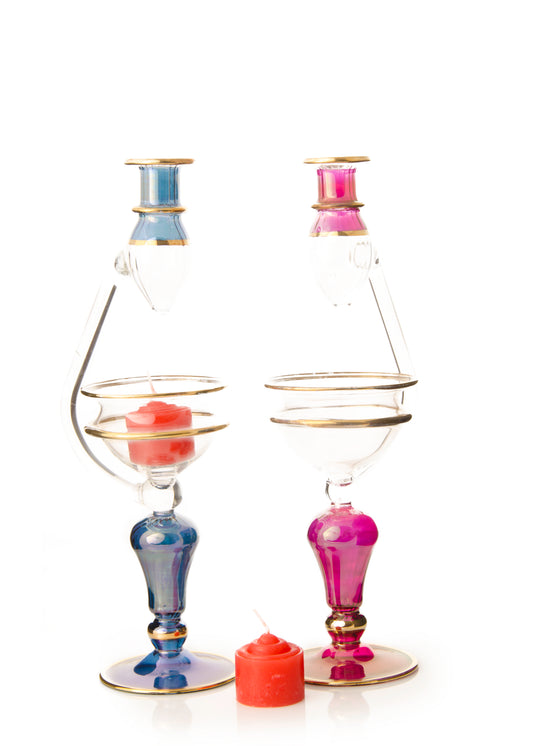 Egyptian Glass Oil Burner — Nada · Tall Aroma Lamp with Suspended Teardrop Cup, 22 cm (Model 162)