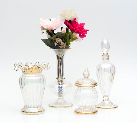 Iridescent Discovery Set — ribbed mabkhara, lidded jar, trumpet vase and decanter in hand-blown Egyptian glass