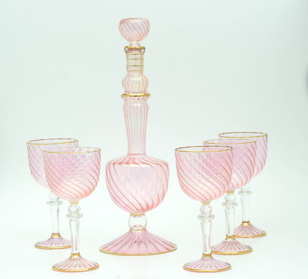 Mawj rose optic swirl glass decanter with goblets, model 200