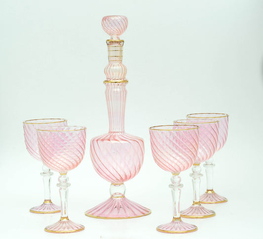 Mawj rose optic swirl glass decanter with goblets, model 200