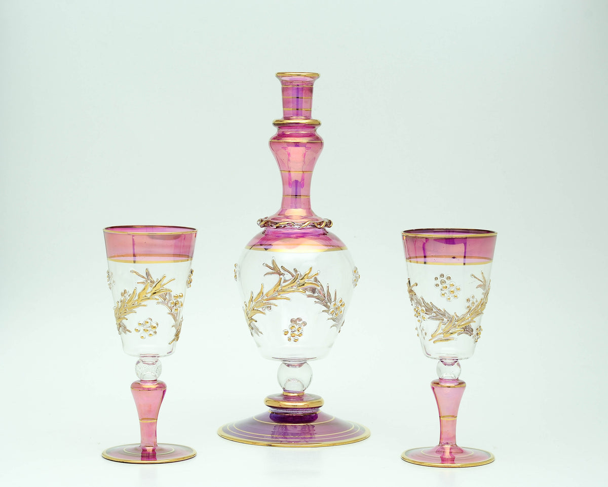 Ghusn magenta decanter and goblets with gold vine detail