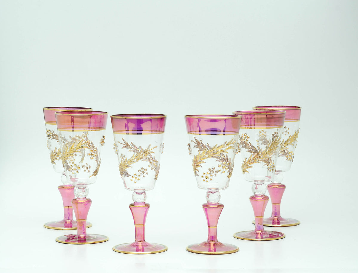 Ghusn magenta glass goblets with gold vine, hand-blown in Cairo