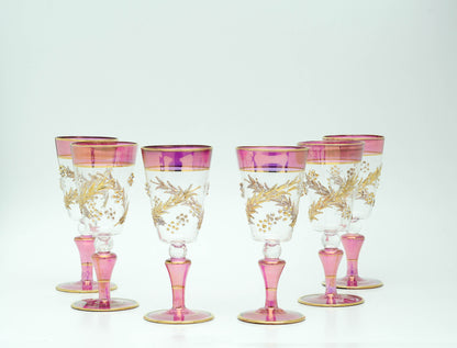 Ghusn magenta glass goblets with gold vine, hand-blown in Cairo