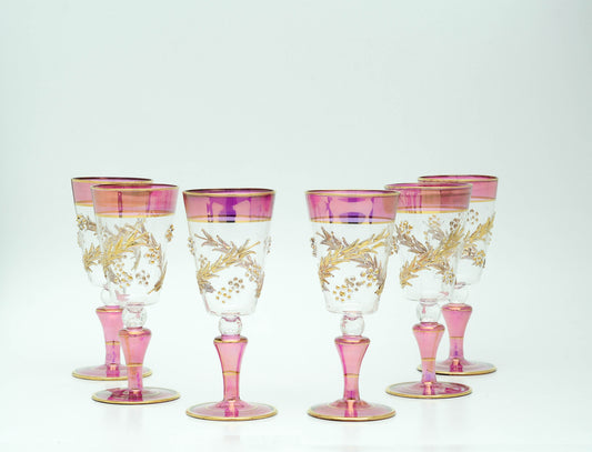 Ghusn magenta glass goblets with gold vine, hand-blown in Cairo