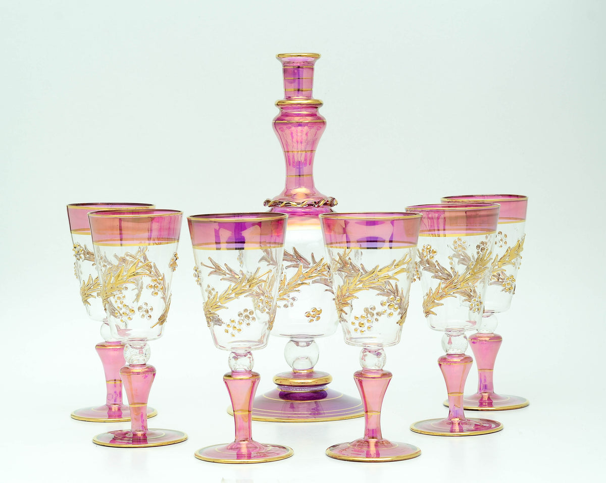 Ghusn magenta glass decanter and goblets with applied 24K gold vine, model 201