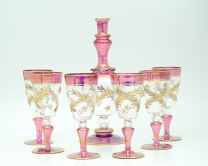 Ghusn magenta glass decanter and goblets with applied 24K gold vine, model 201