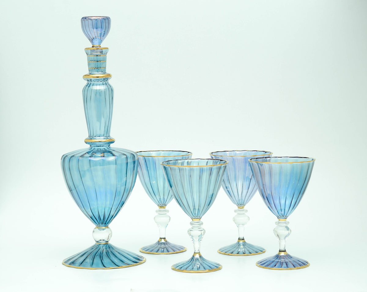 Nil ribbed blue Egyptian glass decanter with four goblets, model 202