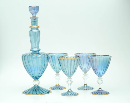Nil ribbed blue Egyptian glass decanter with four goblets, model 202