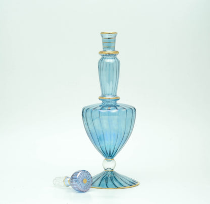 Nil blue ribbed glass decanter with flower stopper, hand-blown in Egypt