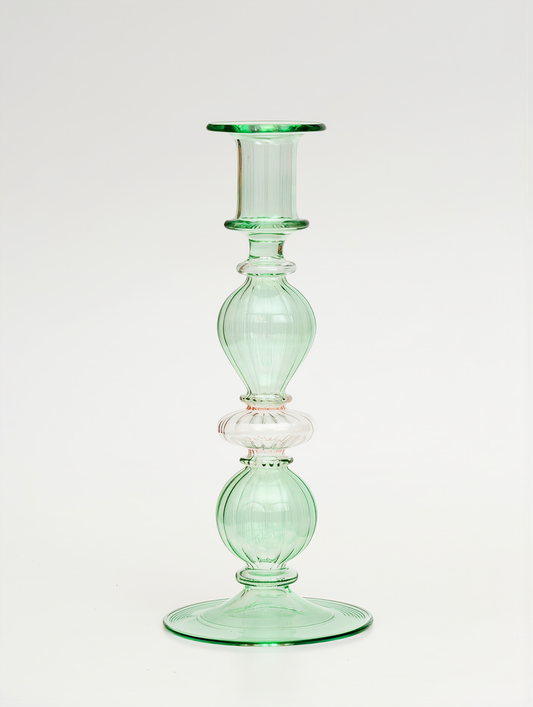 Macaron hand-blown glass taper candlestick, light green and blush pink, Candela C07 — Grand Bazaar Egypt