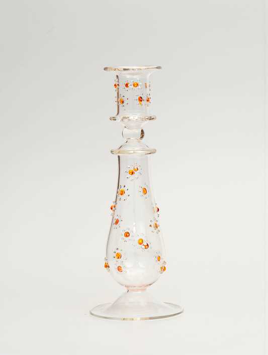 Margherita hand-blown glass taper candlestick, clear with orange daisies, Candela C03 — Grand Bazaar Egypt