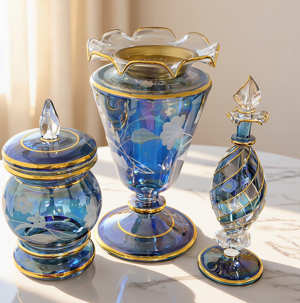Blue etched bakhoor gift set, three pieces: lidded bakhoor jar, footed mabkhara with ruffled rim and gold tray, and spiral-gilt perfume bottle in iridescent blue glass