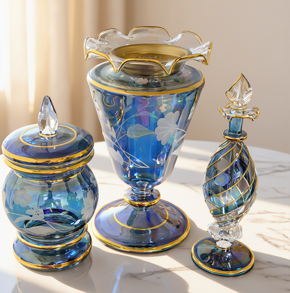 Blue etched bakhoor gift set, three pieces: lidded bakhoor jar, footed mabkhara with ruffled rim and gold tray, and spiral-gilt perfume bottle in iridescent blue glass