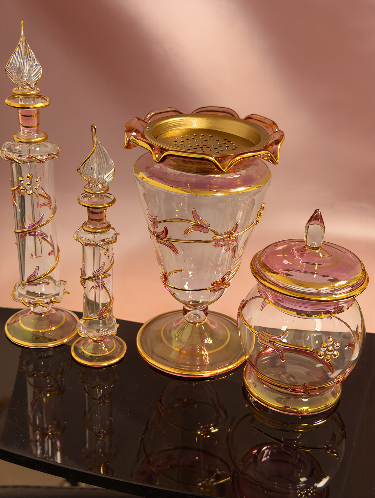 Ward rose glass bakhoor set, hand-blown Egyptian glass with 24K gold and pink vine relief