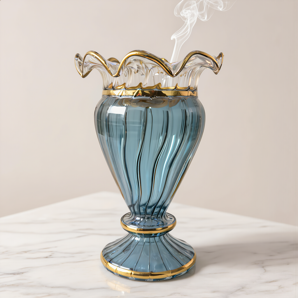 Blue Egyptian glass bakhoor and oud burner with fired 24K gold rim, hand-blown in Cairo