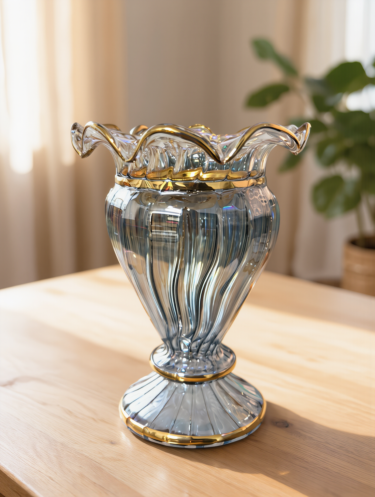Clear Egyptian glass mabkhara with a hand-pinched ruffled rim traced in 24K gold