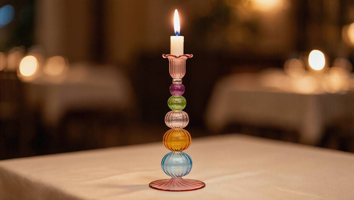 Tayf hand-blown Egyptian glass candlestick holder with five coloured ribbed spheres, 25 cm