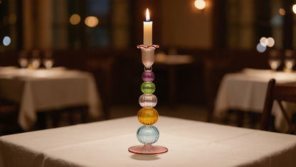 Tayf rainbow glass taper candle holder — violet, green, rose, amber and blue spheres, handmade in Cairo
