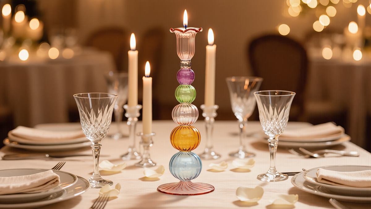 Tayf multicolour hand-blown glass candlestick with ruffled rose cup and fluted foot