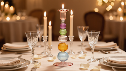 Tayf multicolour hand-blown glass candlestick with ruffled rose cup and fluted foot