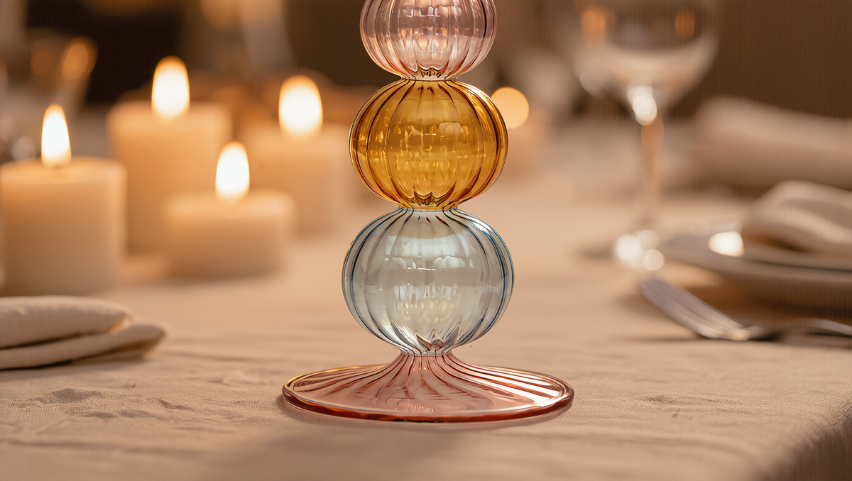 Tayf Egyptian glass candlestick holder in warm candlelight, wholesale from Grand Bazaar Egypt
