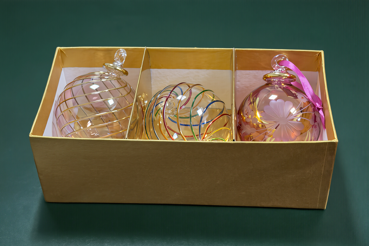 Boxed glass Christmas ornaments, 3 and 6 piece sets