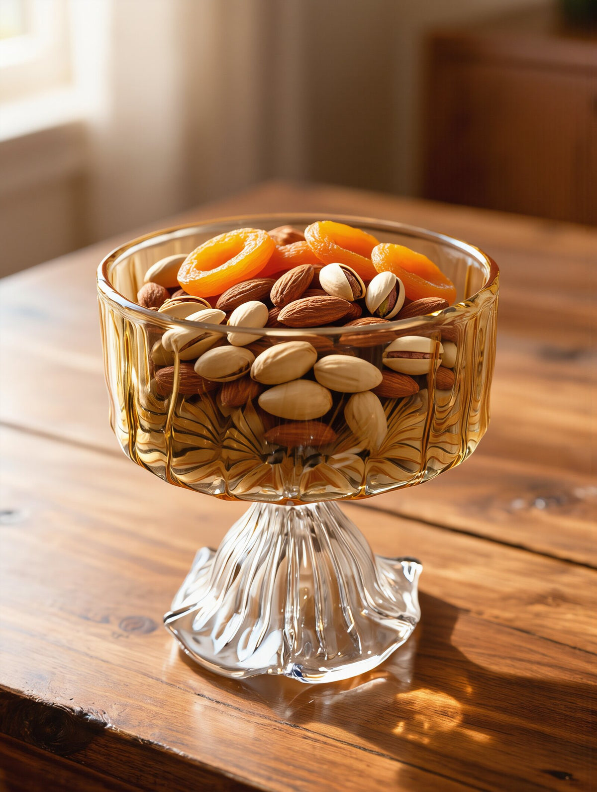 Amber Egyptian glass footed compote bowl with dried apricots, almonds and pistachios