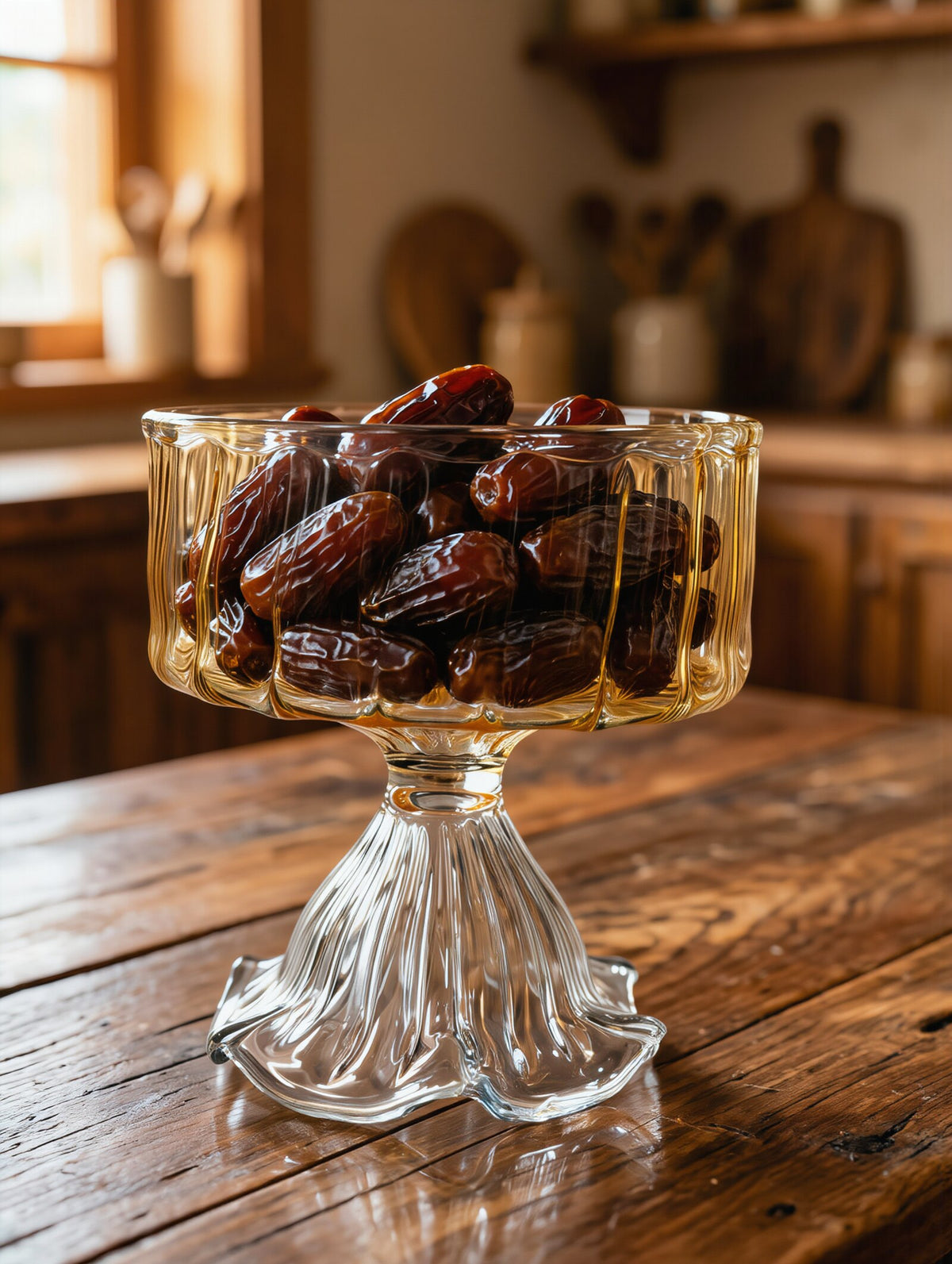 Clear Egyptian glass footed compote bowl filled with Medjool dates
