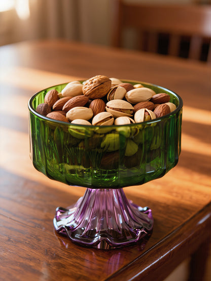 Green Egyptian glass compote bowl with purple petal foot holding mixed nuts