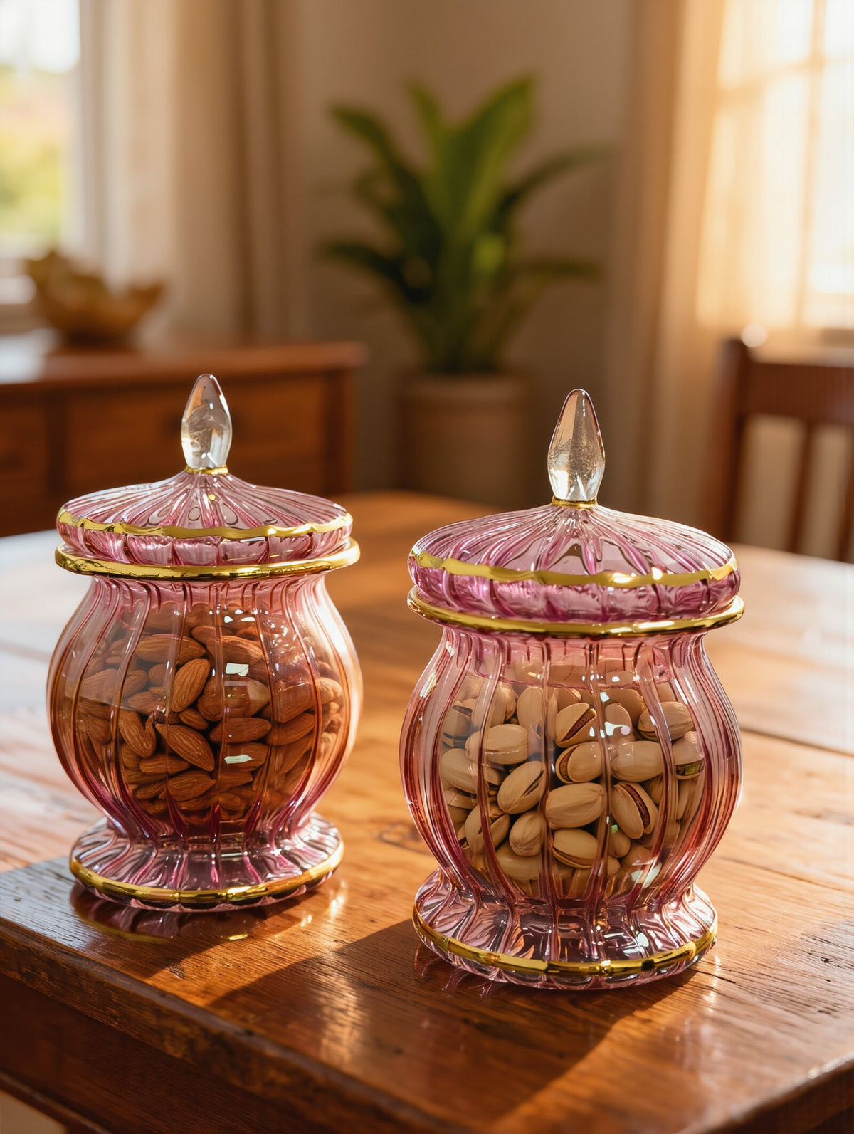 Pair of pink gold-rimmed Egyptian glass jars with almonds and pistachios