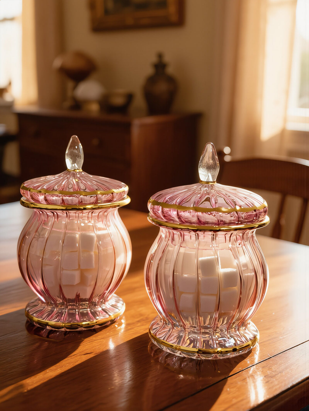 Pink gold-rimmed Egyptian glass sugar jars on a dining table at sunset